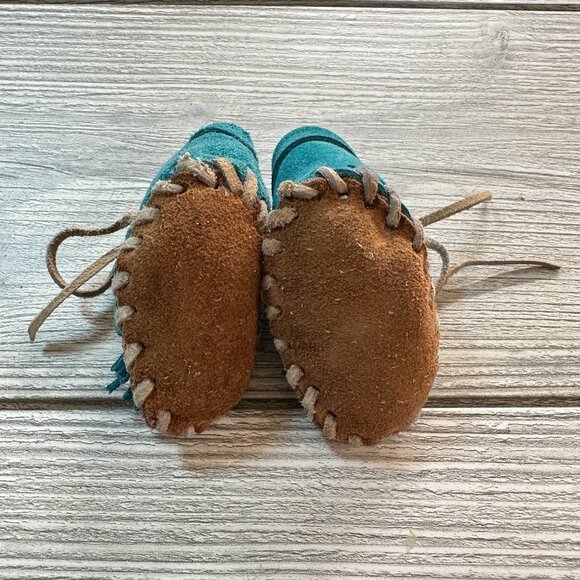 Hand Sewn Turquoise Deer Hide Baby Moccasins - Picture 12 of 16